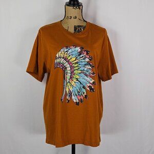 Rust Feather Graphic Tee Boho Festival Top Vintage Style Oversized Unisex XL